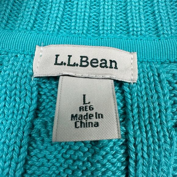 LL Bean Sweater Womens Large Teal Cable Knit Full Zip Cardigan Fisherman Cotton - Picture 8 of 14